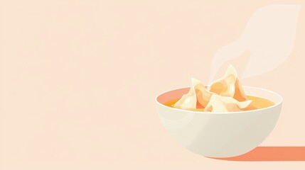 Warm Bowl of Delicious Soup with Steaming Wontons on a Minimalist Background