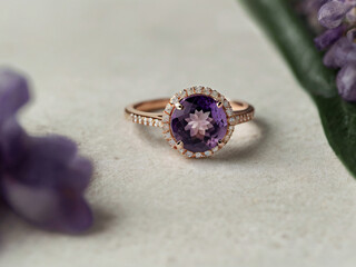 Fototapeta premium A stunning gold and silver ring with a central purple gemstone.
