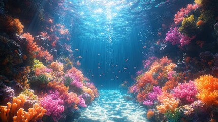 Fototapeta premium Vibrant coral reef, sunlit ocean floor.