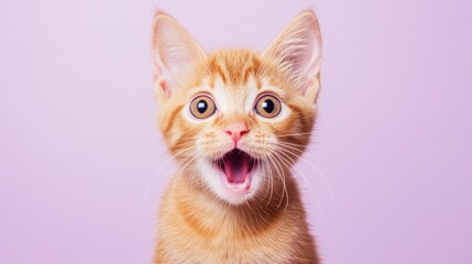 Obraz premium A surprised orange kitten with wide eyes against a pastel purple background.