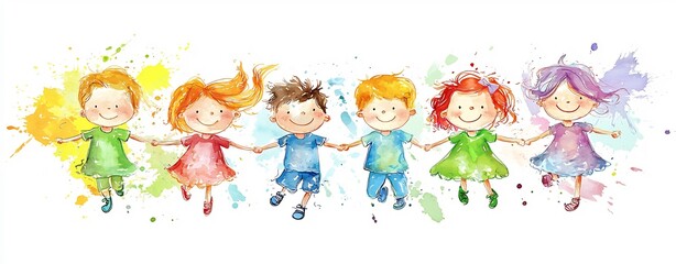 Fototapeta premium Group of Energetic and Happy Children Jumping and Playing Together with Bright and Colorful Expressions