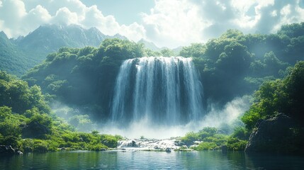 Fototapeta premium Serene waterfall cascades into tranquil pool, mountains.