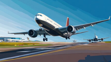 Obraz premium A dynamic scene of commercial aircraft taking off and landing at a busy airport under a clear blue sky.