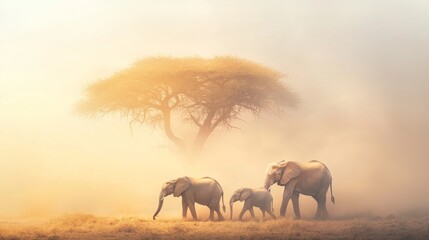 Fototapeta premium Majestic Elephants Walking Through Misty Landscape Under Solitary Tree at Dawn in African Savanna