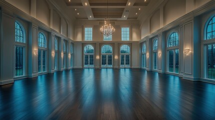 Obraz premium Elegant Event Space with Crystal Chandelier and Large Windows
