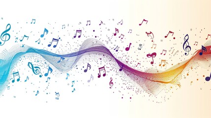 A colorful abstract music background with musical notes and a wavy line.