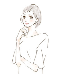 顎に手を当てる女性のイラスト　笑顔