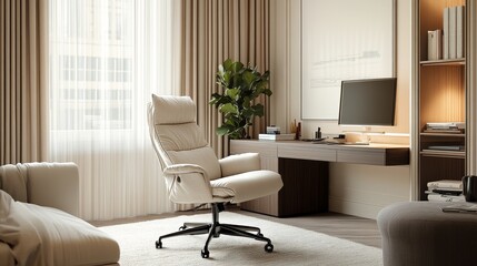A modern and elegant style comfortable and cozy office corner, close to the window, with cream colored curtains, cotton office chairs, and beige walls, creating a productive space.