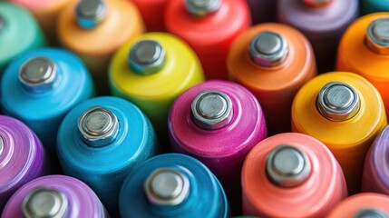 Colorful cylindrical batteries close-up.