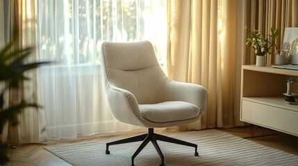 A modern and elegant style comfortable and cozy office corner, close to the window, with cream colored curtains, cotton office chairs, and beige walls, creating a productive space.
