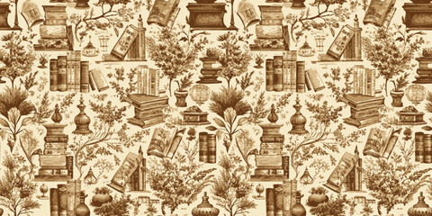 Vintage botanical pattern featuring books and nature-inspired motifs.