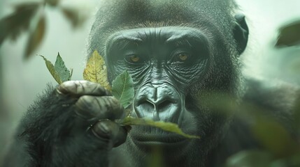 Fototapeta premium Close-Up of a Gorilla Holding Green Leaves in a Lush Environment Capturing the Essence of Wildlife and Nature
