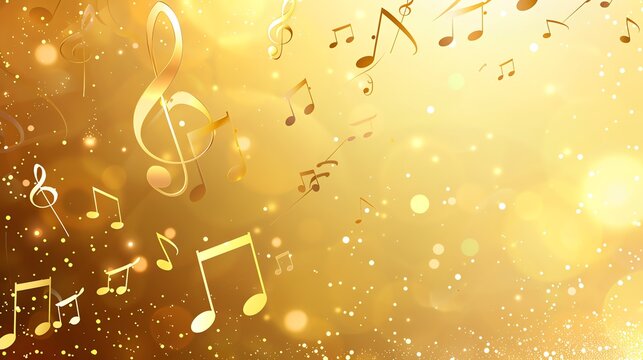 Abstract background with gold music notes, bokeh, and sparkling lights.