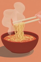 A hand uses chopsticks to lift steaming noodles from a vibrant red bowl of delicious ramen.