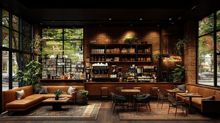Naklejka premium Rustic coffee shop, leather seating, brick walls.