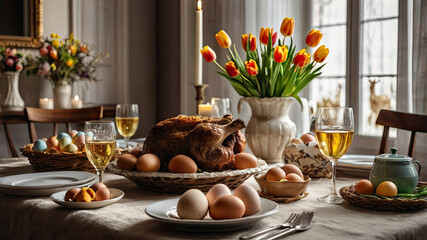 A large roasted chicken is the centerpiece of a table with a variety of dishes and spring flowers. Easter themed.