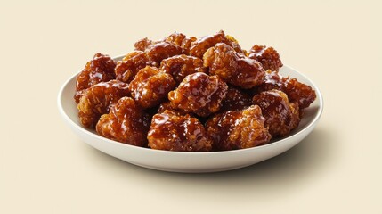 Fototapeta premium Delicious Crispy Chicken Bites with Sweet Sauce Served on a White Plate Against a Neutral Background