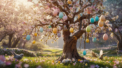 A tree with many eggs on it, some of which are blue. The tree is surrounded by grass and there are many eggs scattered around it. Easter themed.