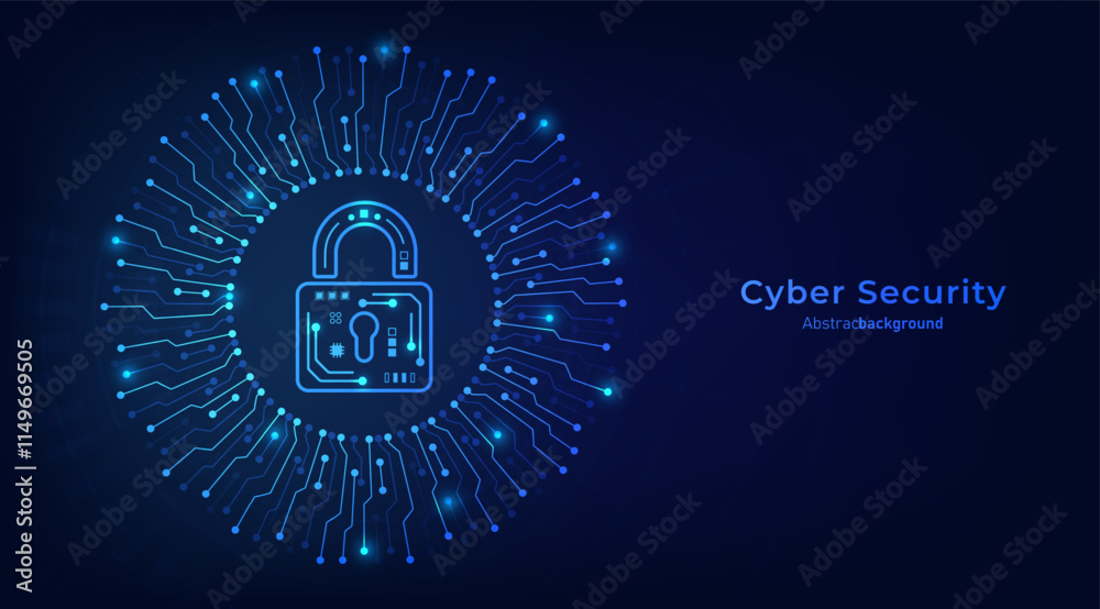 Poster Concept of cybersecurity and data protection privacy. Padlock on the circular circuit. Privacy protection innovation and Advanced safety technology. Vector illustration.