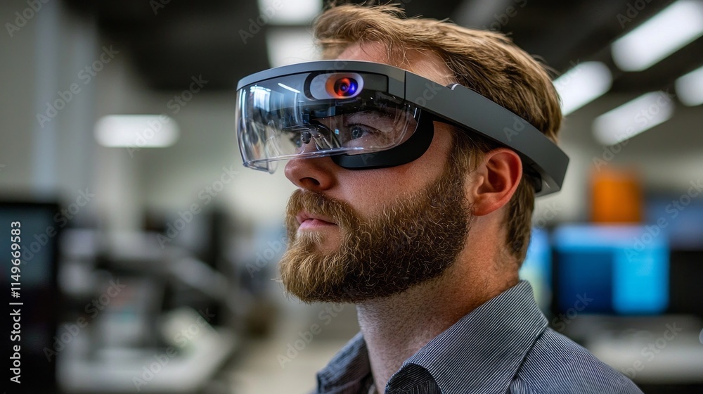 Poster focused engineer utilizes augmented reality glasses to visualize complex designs in a contemporary o