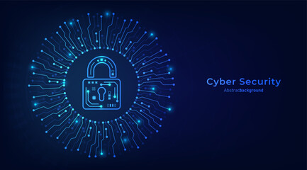 Concept of cybersecurity and data protection privacy. Padlock on the circular circuit. Privacy protection innovation and Advanced safety technology. Vector illustration.