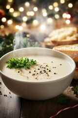 A steaming bowl of creamy soup garnished with parsley, with fresh bread in a cozy, festive setting.