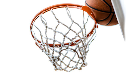 Basketball scoring in hoop with white net and orange rim