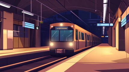 A sleek, modern subway train arrives at a dimly lit station, illuminated by overhead lights in a warm color palette.
