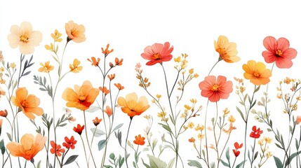 Fototapeta premium Watercolor and gouache illustration of small flowers with slender petals and long, thin leaves in a retro color scheme, arranged in a delicate pattern on a white background with a vintage feel.