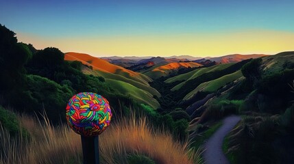 A vibrant, colorful lollipop sculpture stands against a stunning sunset over rolling hills, showcasing the beauty of nature.