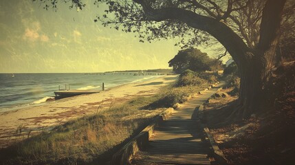 Coastal Wooden Walkway Leading to Sandy Beach Scene