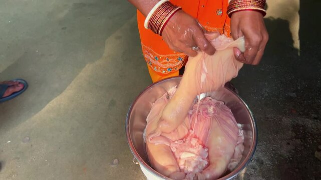 Raw goat meat chusta washed properly in Bihar