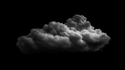 A stunning cinematic portrayal of white clouds suspended in deep darkness, their textures vividly detailed and forms naturally varied. The clouds glow softly under a subtle spotlight, creating an ethe
