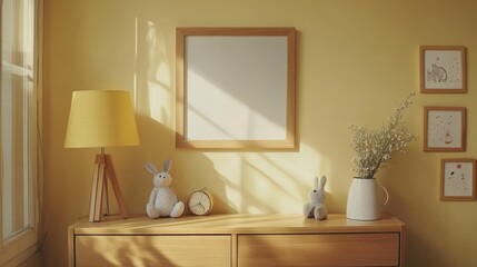 Realistic wooden photo frame simulation of an empty space, hanging on a beige wall, ideal for decorating children's bedrooms, modern medieval style rooms, product shooting, simple background
