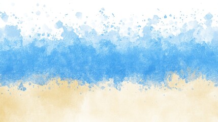 Abstract watercolor beach scene with blue ocean and beige sand.