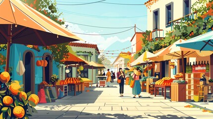 Fototapeta premium A colorful illustration of a bustling outdoor market in a European town.