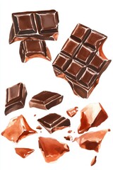 Delicious dark chocolate pieces scattered around in an artistic display.