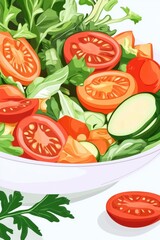 A vibrant, colorful salad featuring fresh greens, ripe tomatoes, and sliced cucumbers, creating a healthy dish.
