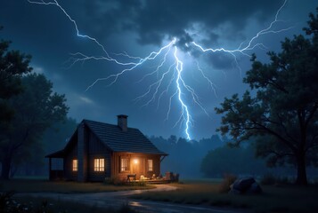 Lightning striking near cozy cabin during night storm