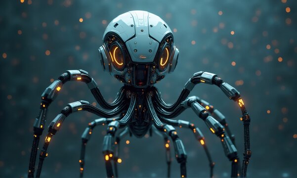 Futuristic spider like robot exploring dark environment with glowing particles