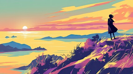 Fototapeta premium Sunset reflection coastal viewpoint digital art serene landscape nature inspiration for creative minds