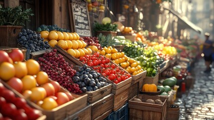Colorful fruits and vegetables in wooden crates.