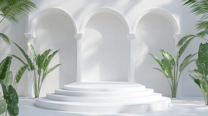 Fototapeta premium Elegant white stage with arches and lush greenery in serene setting. 