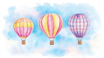 Fototapeta premium Three colorful hot air balloons float against a soft pastel sky, creating a whimsical and joyful scene.