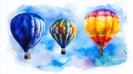 Obraz premium Three colorful hot air balloons soar across a bright sky, showcasing vibrant patterns in rich blues, yellows, and reds.