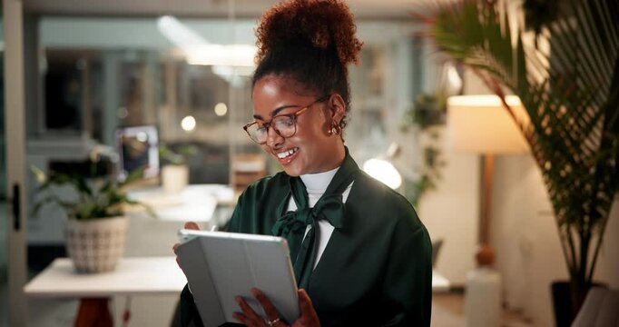 Tablet, smile and business woman in office for update, email and campaign results at night. Technology, creative worker and pen on app for ads, promo or social media marketer on overtime in startup