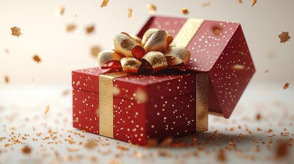 A beautifully designed high-end red gift box with a golden ribbon suspended in the air, presenting a cute style, bright colors, high-definition details, and a clean white background.