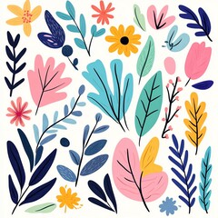 A vibrant illustration featuring different colorful flowers and leaves in a playful, whimsical style.