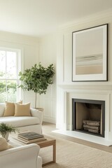 Cozy living room with modern decor and fireplace bright natural light minimalist style indoor relaxation