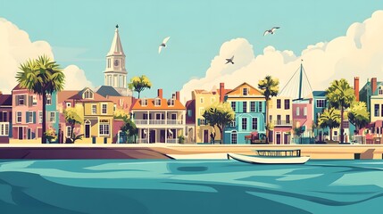 Naklejka premium Colorful Waterfront Houses Under a Sunny Sky